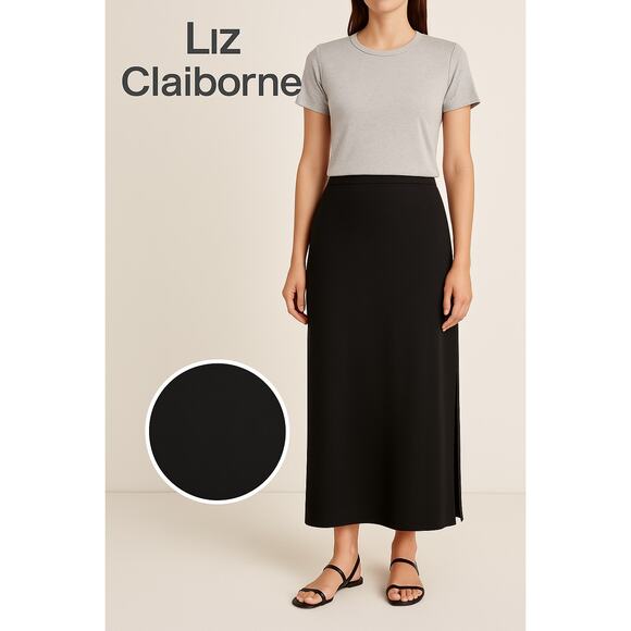 VNTG Liz Claiborne Liz & Co Black Maxi Skirt Sz L Cotton 80s 90s Modest Y2K - Picture 1 of 8